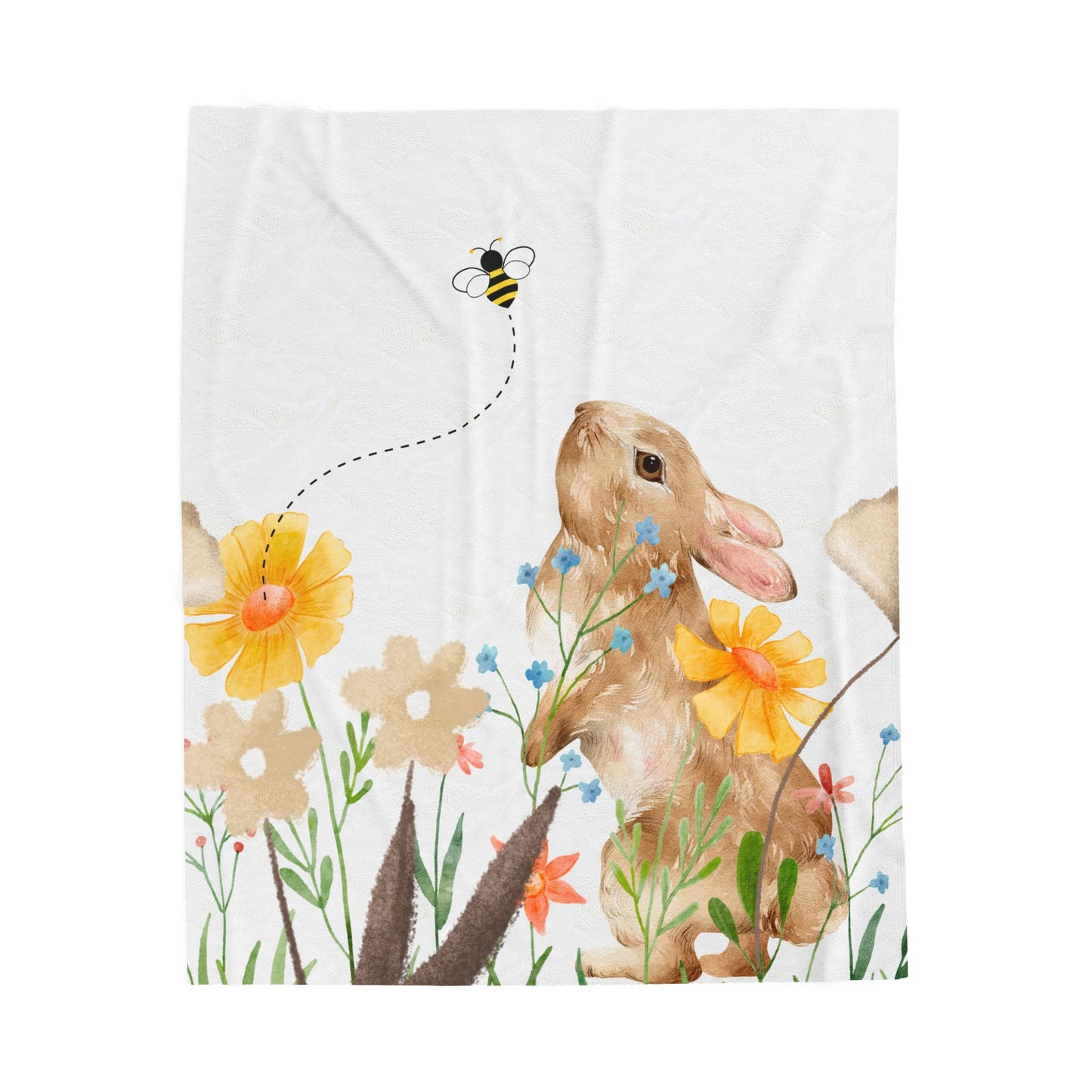 Bunny and Flowers Velveteen Plush Blanket - Cozy Spring Decor