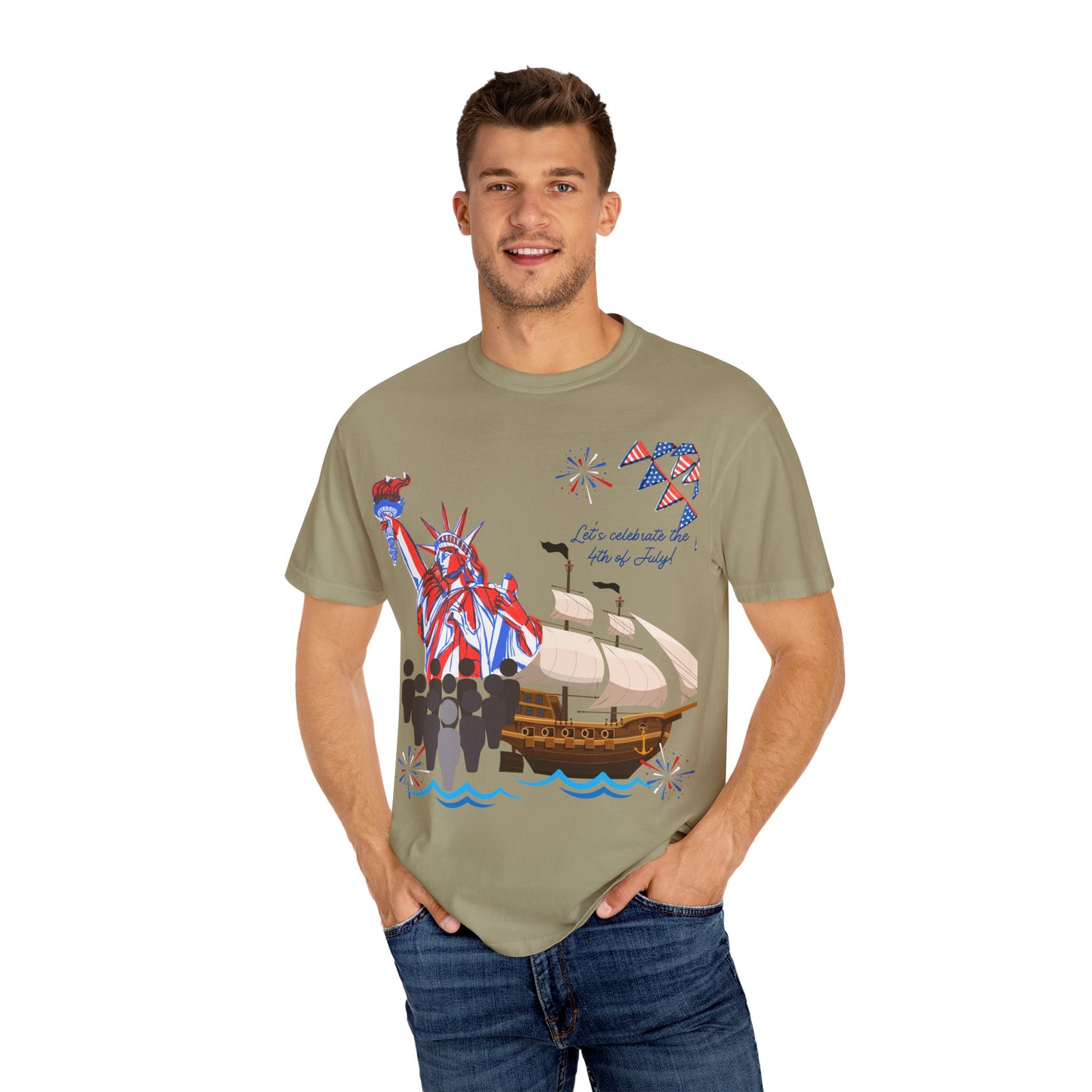 4th of July Patriotic Graphic T-Shirt, Unisex Independence Day Tee, Ship and Statue Art Tee, Summer BBQ Shirt, USA Celebration Top