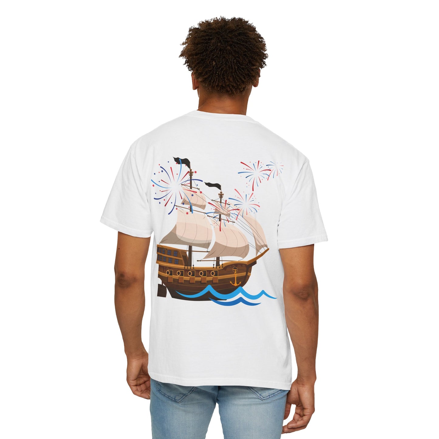 4th of July Patriotic Graphic T-Shirt, Unisex Independence Day Tee, Ship and Statue Art Tee, Summer BBQ Shirt, USA Celebration Top