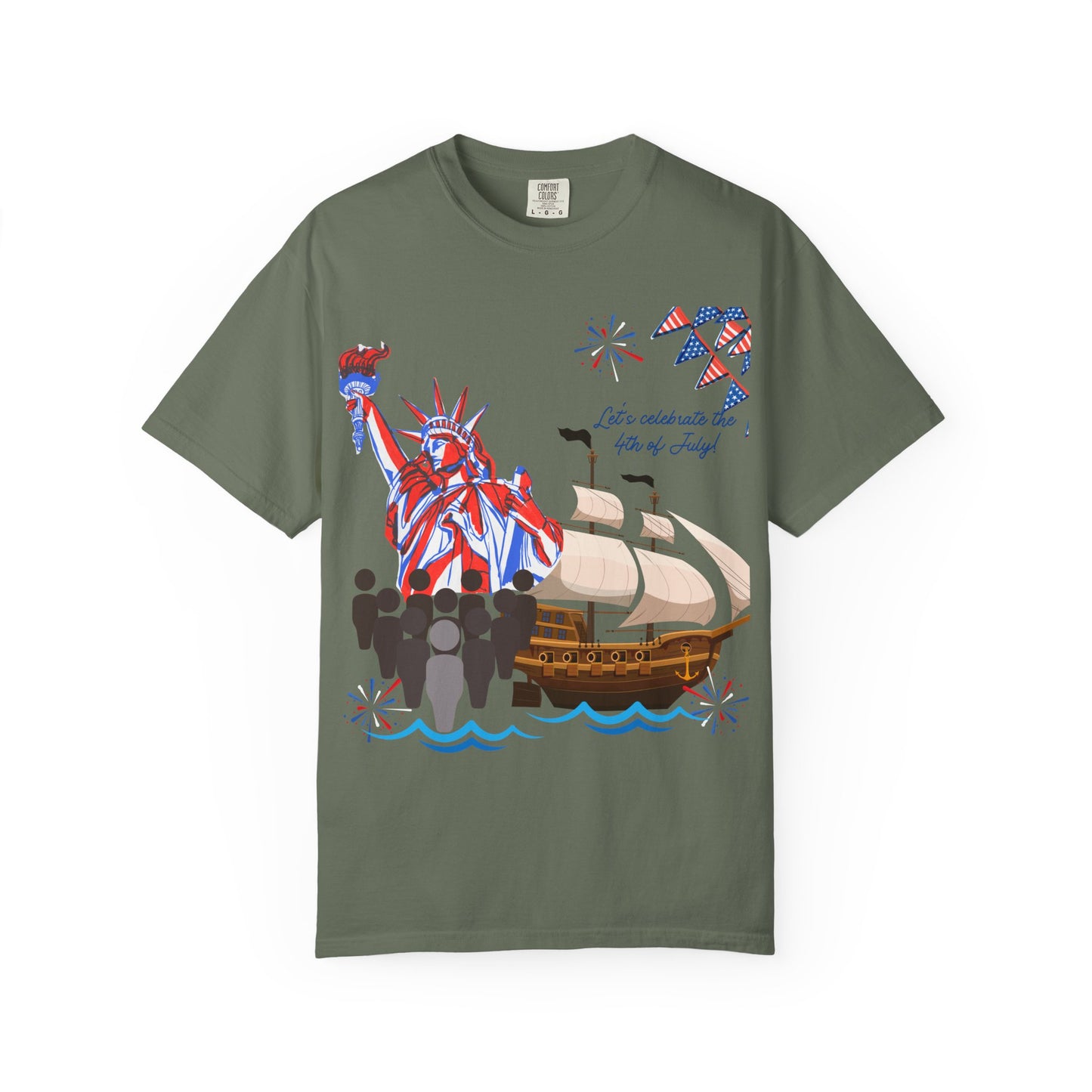 4th of July Patriotic Graphic T-Shirt, Unisex Independence Day Tee, Ship and Statue Art Tee, Summer BBQ Shirt, USA Celebration Top