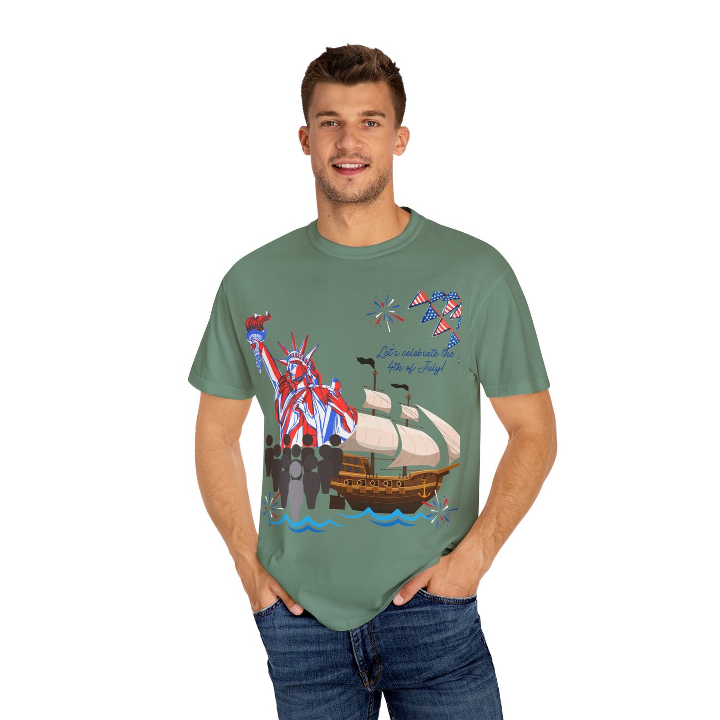4th of July Patriotic Graphic T-Shirt, Unisex Independence Day Tee, Ship and Statue Art Tee, Summer BBQ Shirt, USA Celebration Top