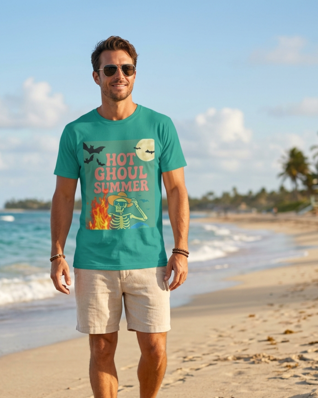 T-Shirt — "Hot Ghoul Summer" Retro Halloween Skeleton Tee
