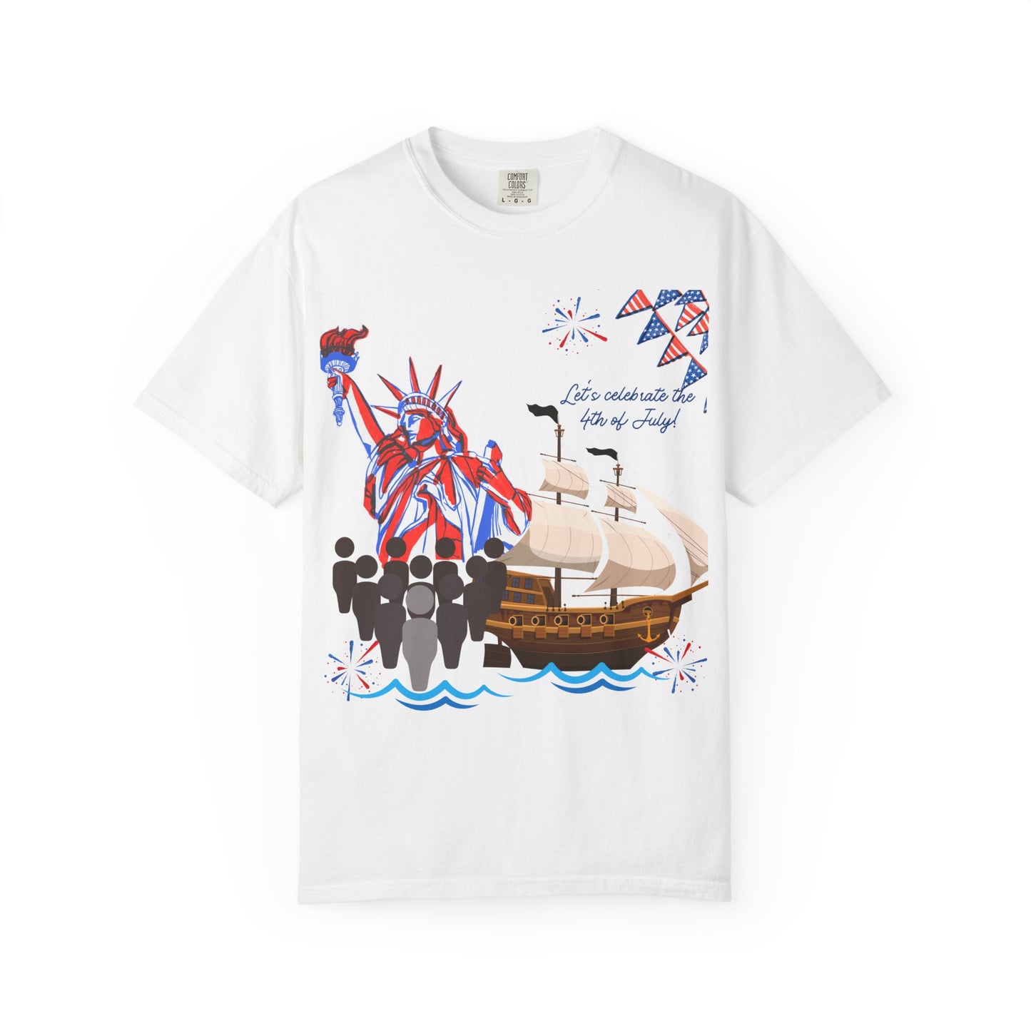 4th of July Patriotic Graphic T-Shirt, Unisex Independence Day Tee, Ship and Statue Art Tee, Summer BBQ Shirt, USA Celebration Top