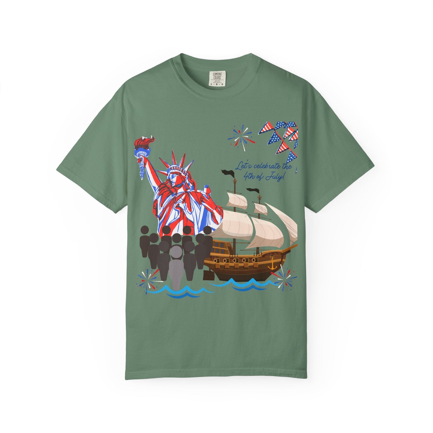 4th of July Patriotic Graphic T-Shirt, Unisex Independence Day Tee, Ship and Statue Art Tee, Summer BBQ Shirt, USA Celebration Top