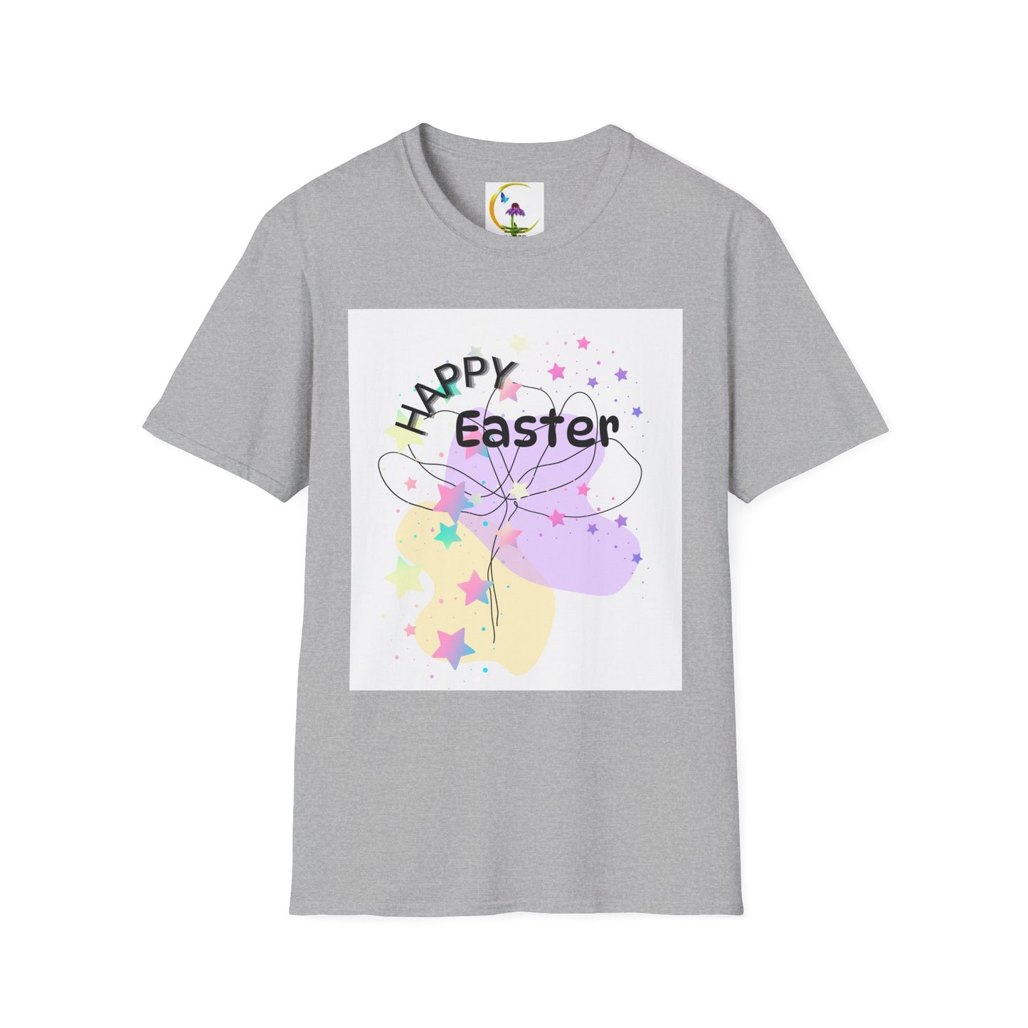 Happy Easter Unisex Softstyle T-Shirt with Floral Back Design