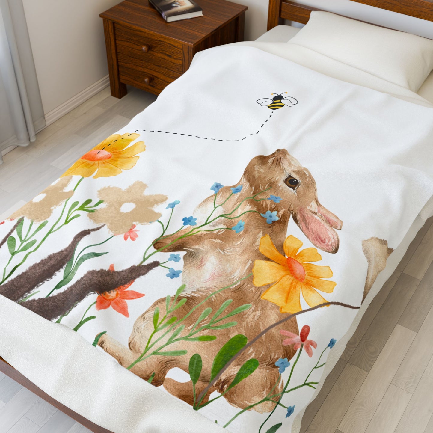 Bunny and Flowers Velveteen Plush Blanket - Cozy Spring Decor