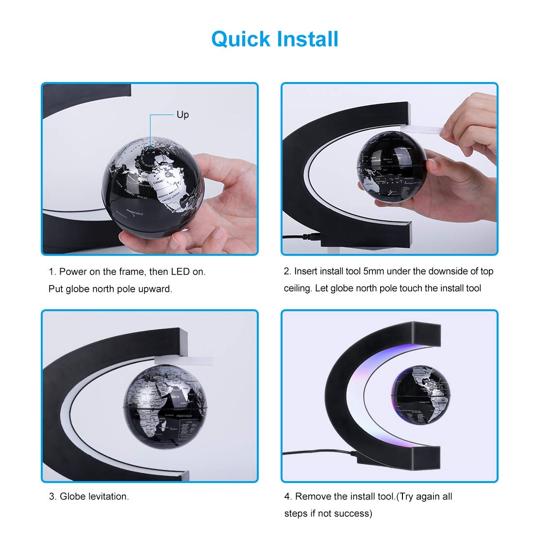 Magnetic Levitating Globe with LED Light, Cool Tech Gift for Men Father Boys and Girls, Birthday Gifts for Kids, Floating Globes World Desk Gadget Decor in Office Home Display (Silver)