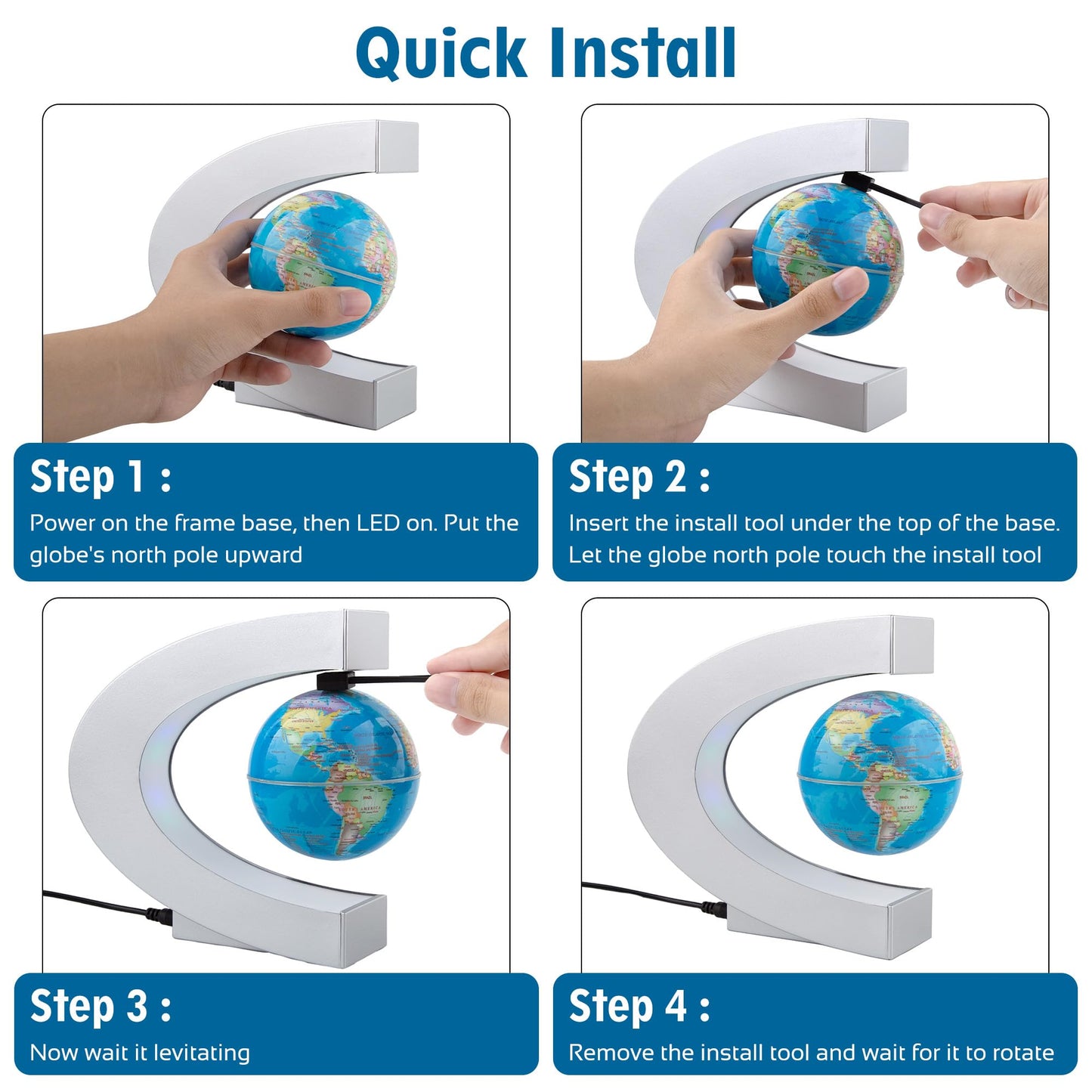Magnetic Levitating Globe with LED Light, Cool Tech Gift for Men Father Boys and Girls, Birthday Gifts for Kids, Floating Globes World Desk Gadget Decor in Office Home Display (Silver)