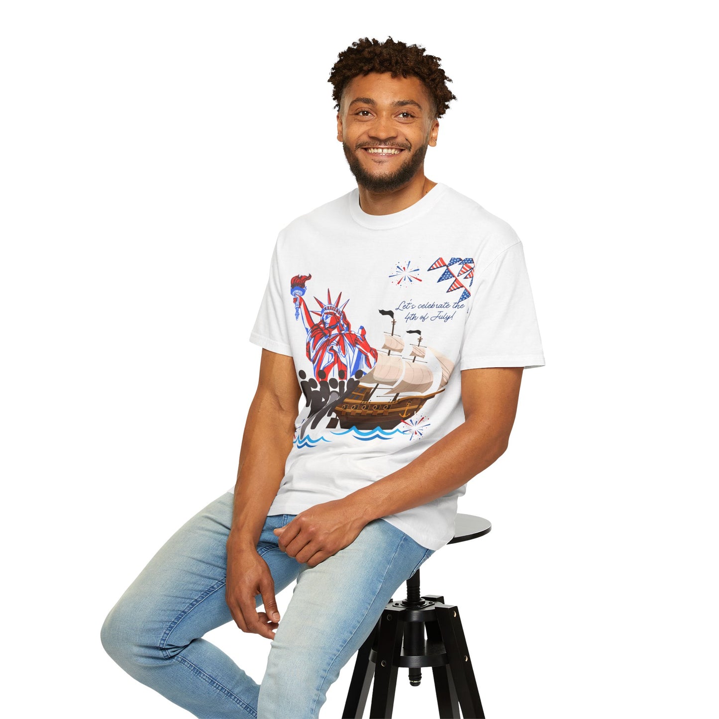 4th of July Patriotic Graphic T-Shirt, Unisex Independence Day Tee, Ship and Statue Art Tee, Summer BBQ Shirt, USA Celebration Top