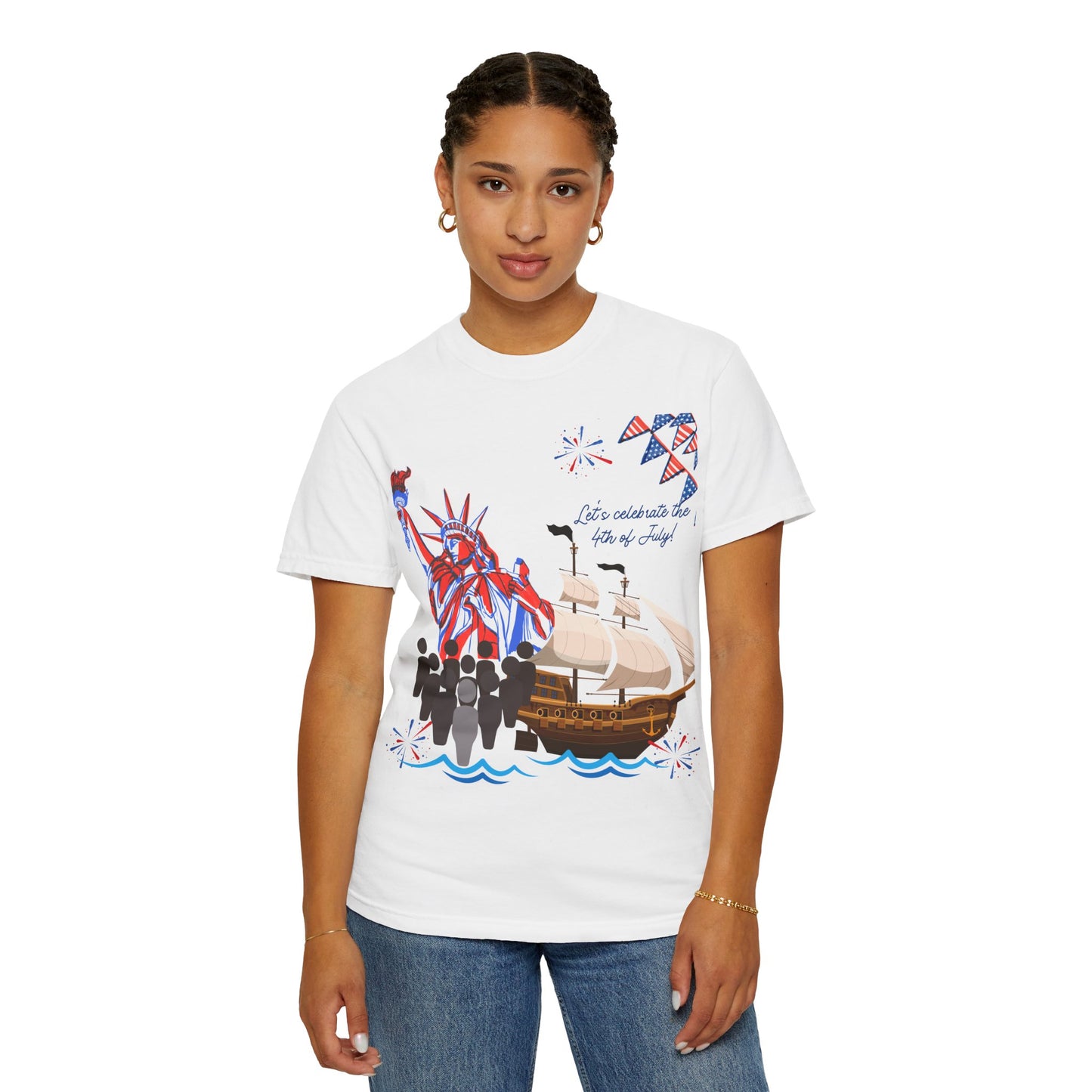 4th of July Patriotic Graphic T-Shirt, Unisex Independence Day Tee, Ship and Statue Art Tee, Summer BBQ Shirt, USA Celebration Top