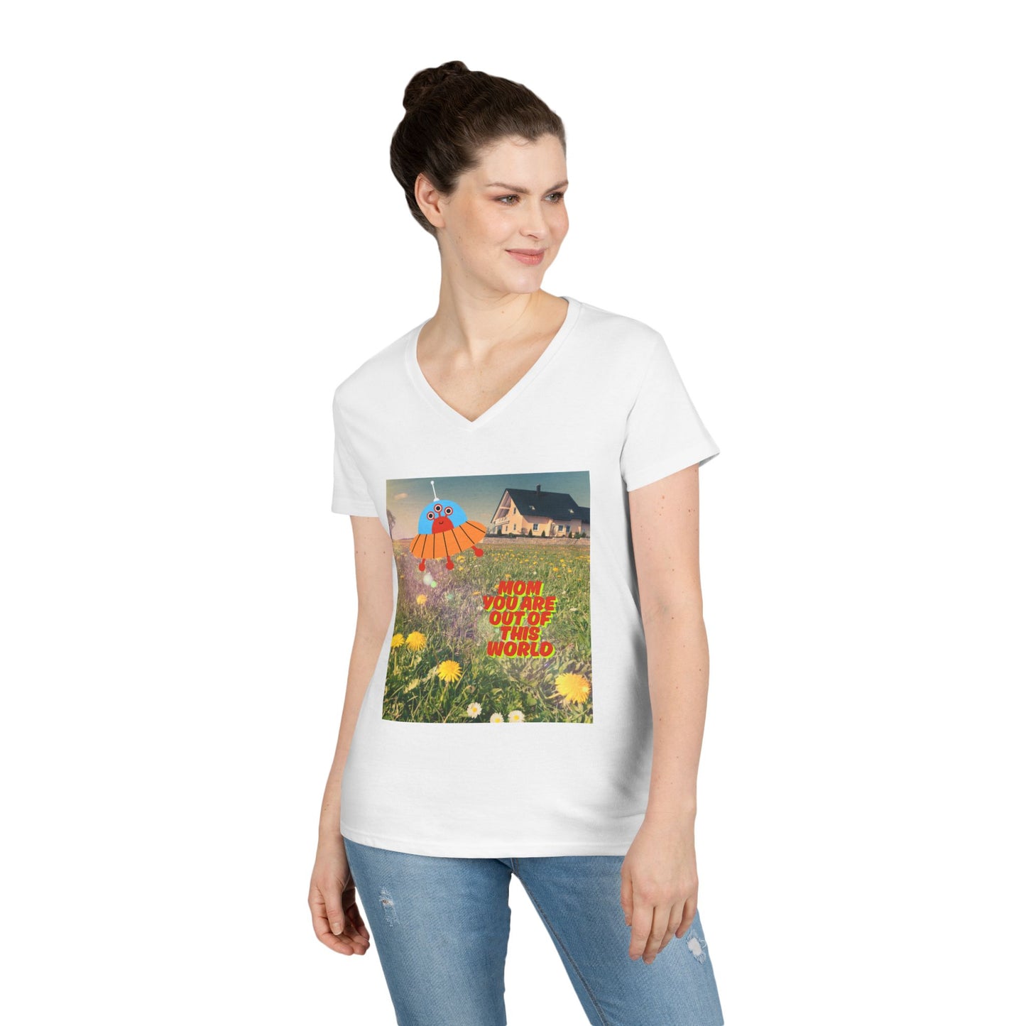 Out of This World Ladies' V-Neck T-Shirt with UFO Design