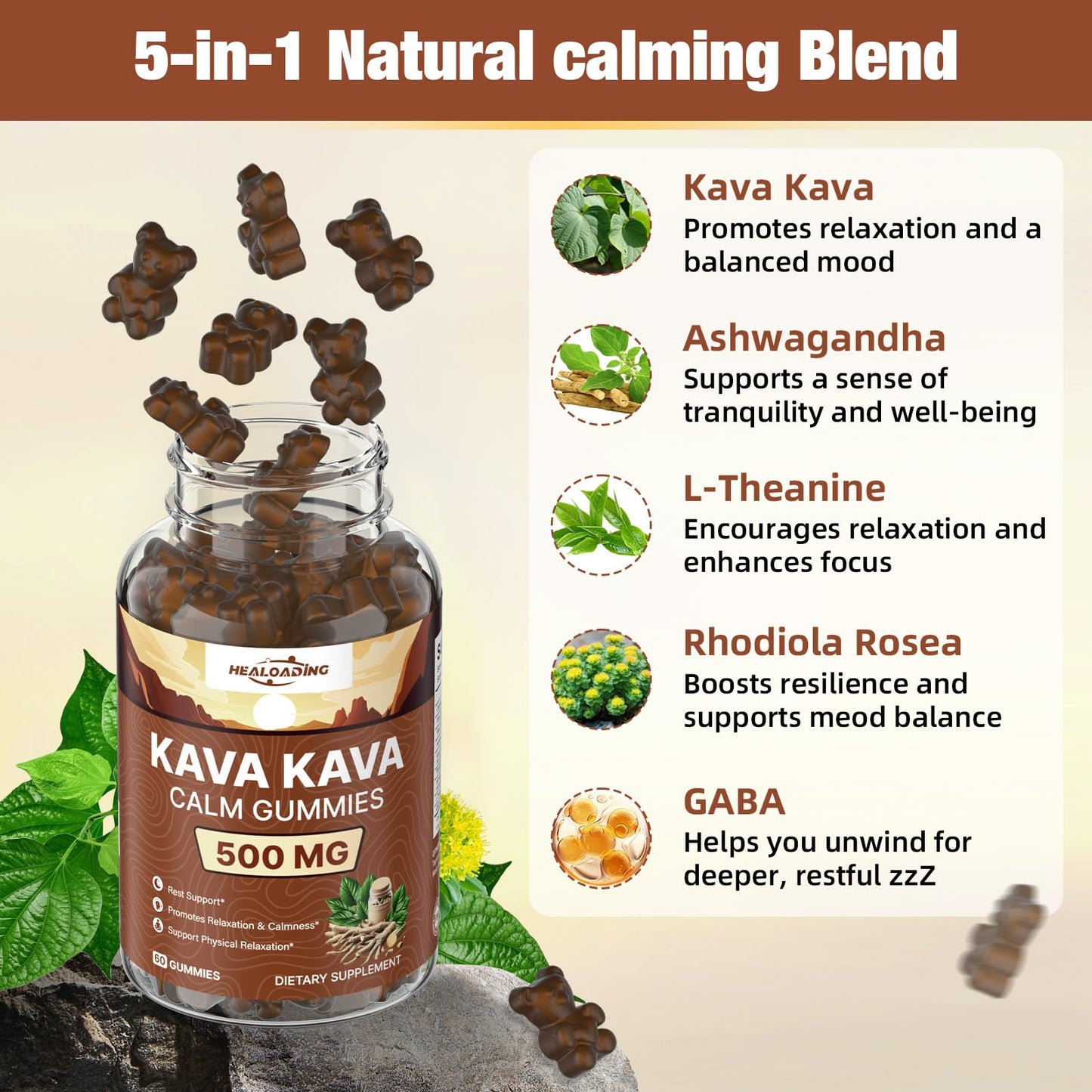 Kava Kava Root Extract Supplement: Natural Kava Gummies with L Theanine, Ashwagandha and GABA for Cognitive & Immune Support Herbal Supplement for Adults