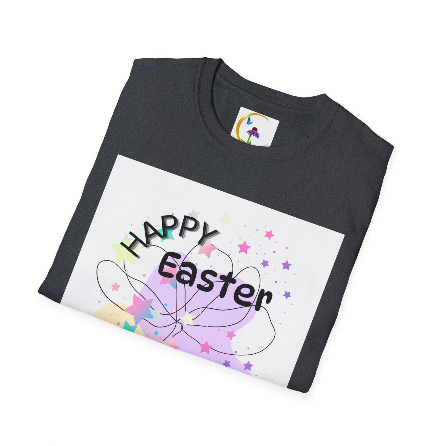 Happy Easter Unisex Softstyle T-Shirt with Floral Back Design