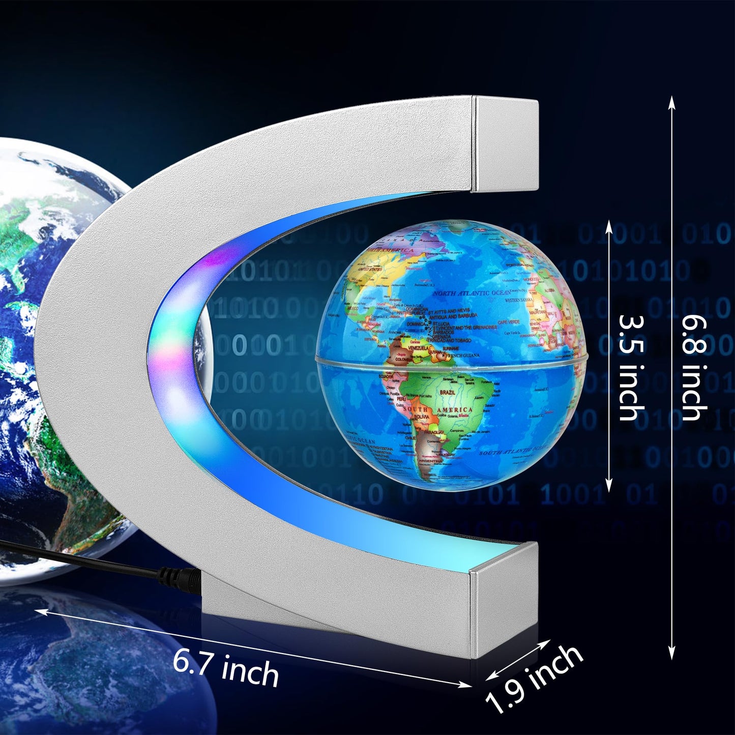 Magnetic Levitating Globe with LED Light, Cool Tech Gift for Men Father Boys and Girls, Birthday Gifts for Kids, Floating Globes World Desk Gadget Decor in Office Home Display (Silver)