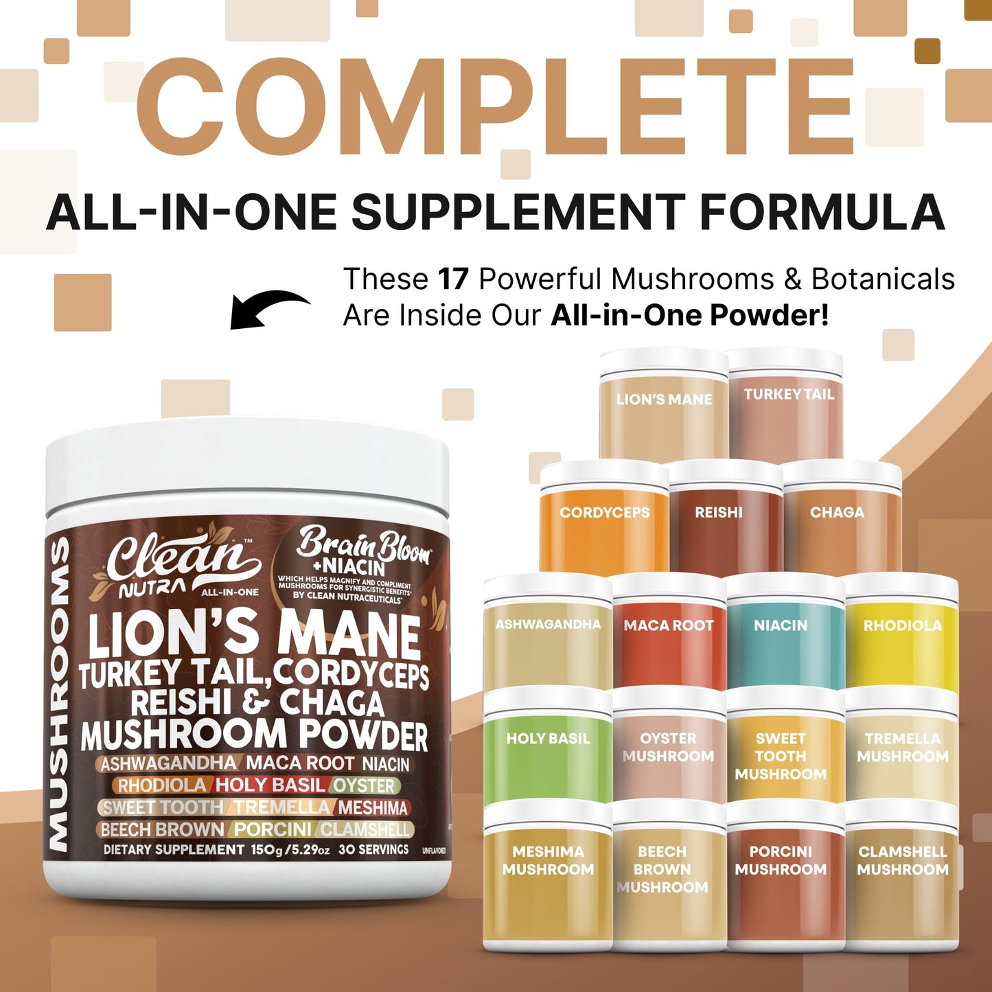 Clean Nutra Lion's Mane Turkey Tail Cordyceps Reishi Chaga Mushroom Powder + Ashwagandha Niacin Calm Stress Memory Adrenal Support Supplements Maca Rhodiola Holy Basil Apaptogen Supplement Unflavored