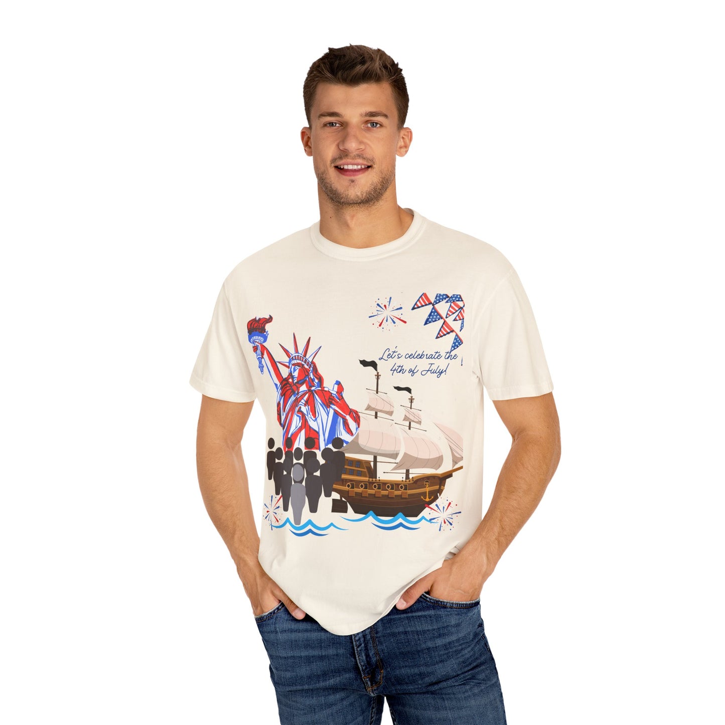4th of July Patriotic Graphic T-Shirt, Unisex Independence Day Tee, Ship and Statue Art Tee, Summer BBQ Shirt, USA Celebration Top