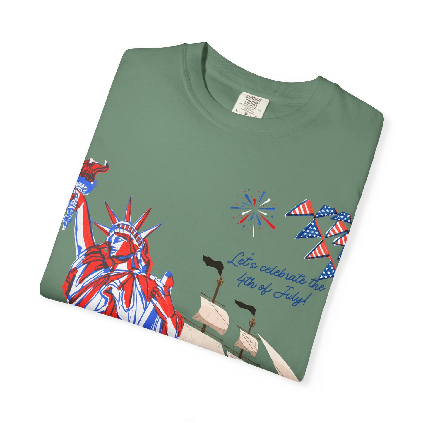 4th of July Patriotic Graphic T-Shirt, Unisex Independence Day Tee, Ship and Statue Art Tee, Summer BBQ Shirt, USA Celebration Top