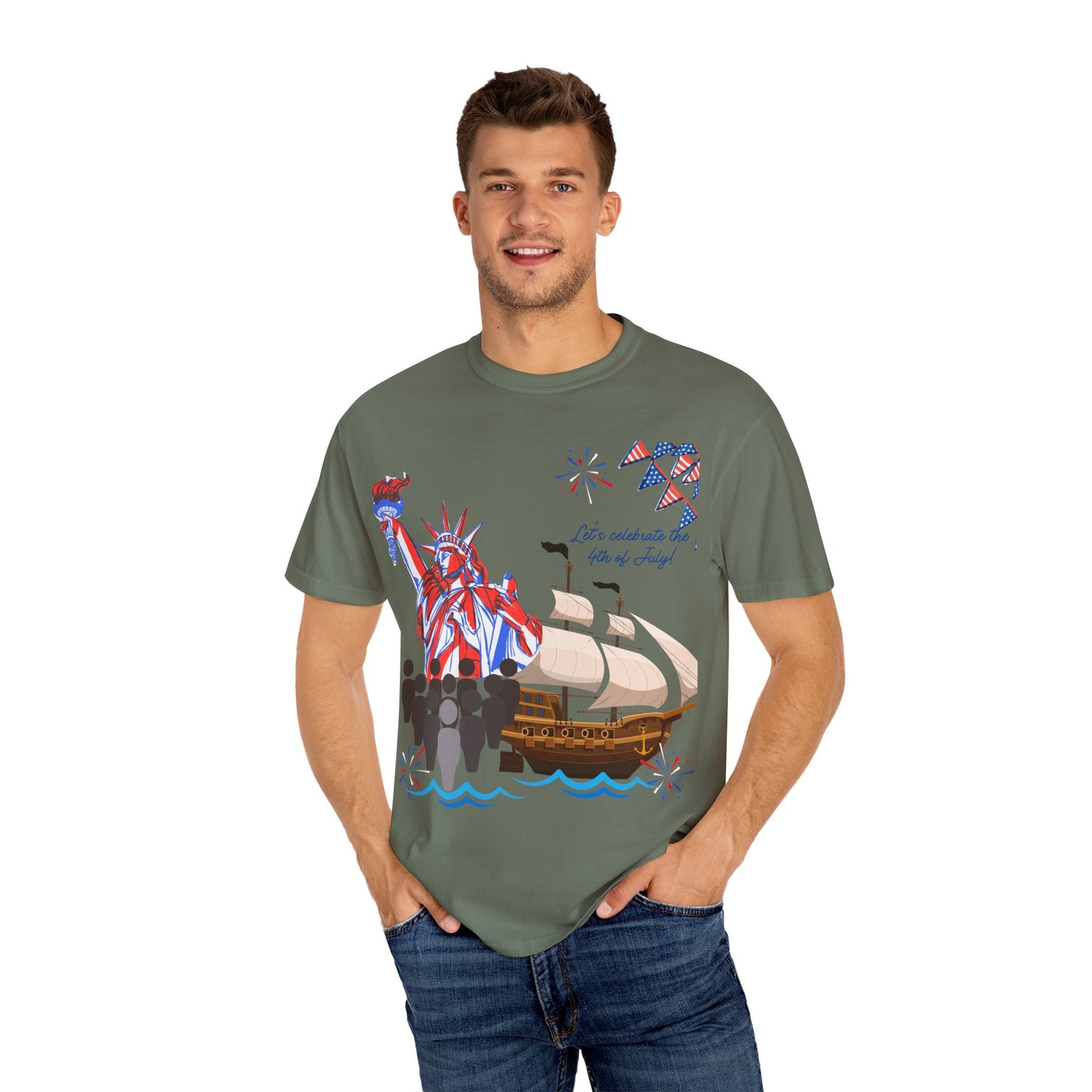 4th of July Patriotic Graphic T-Shirt, Unisex Independence Day Tee, Ship and Statue Art Tee, Summer BBQ Shirt, USA Celebration Top