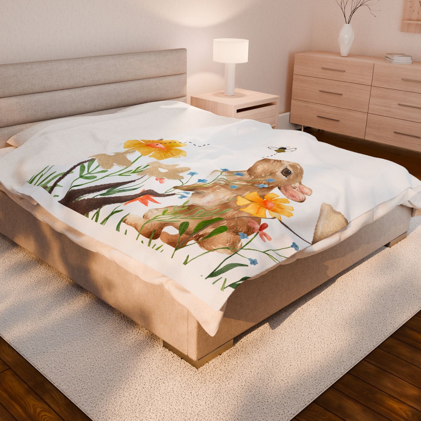 Bunny and Flowers Velveteen Plush Blanket - Cozy Spring Decor