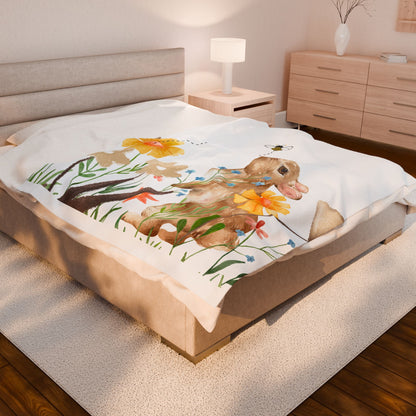 Bunny and Flowers Velveteen Plush Blanket - Cozy Spring Decor