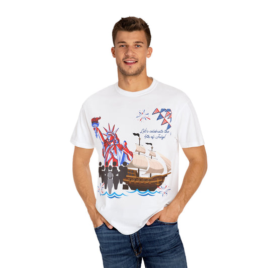 4th of July Patriotic Graphic T-Shirt, Unisex Independence Day Tee, Ship and Statue Art Tee, Summer BBQ Shirt, USA Celebration Top