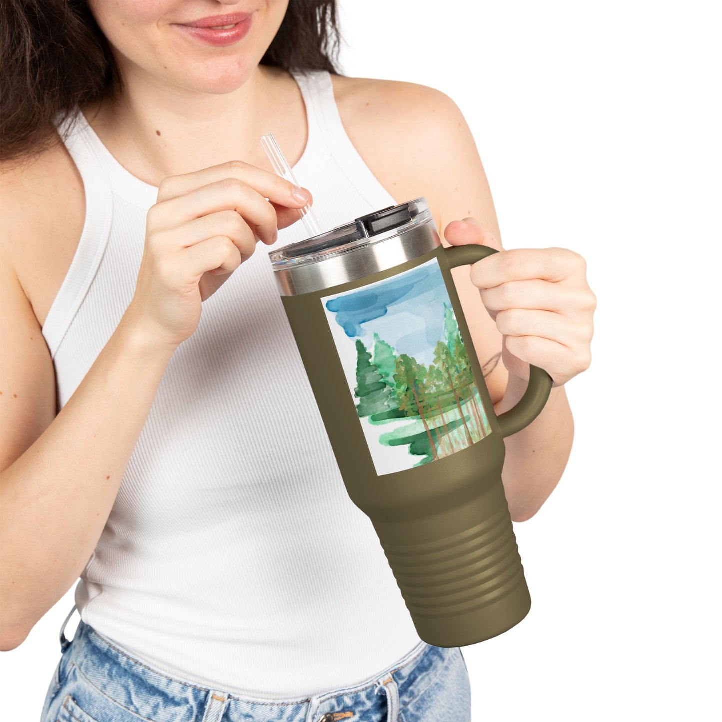 Dad Time 40oz Insulated Travel Mug – Scenic Nature Tumbler with Handle