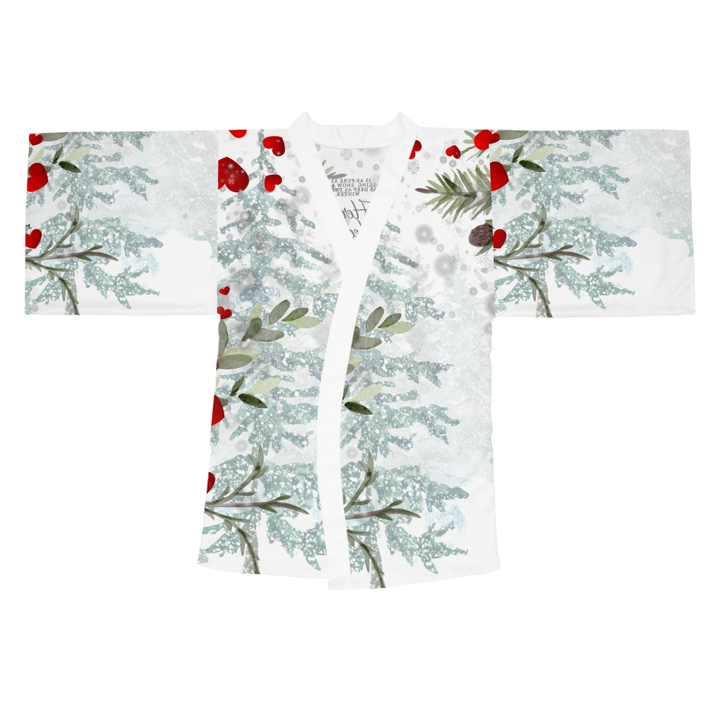 Her Heart Floral Kimono Robe —Silky Holiday Pine & Red Heart Print
