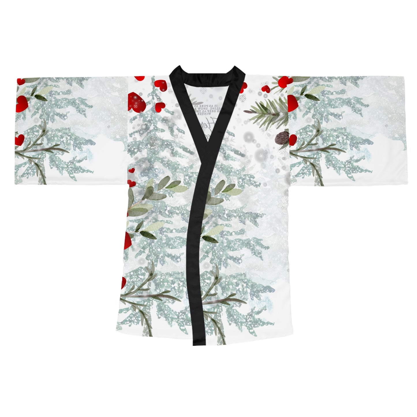 Her Heart Floral Kimono Robe —Silky Holiday Pine & Red Heart Print