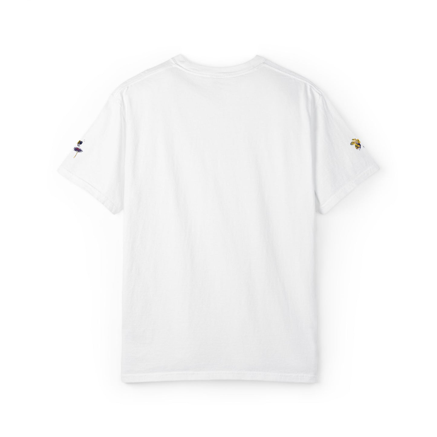 Floral Bee Pocket T-Shirt — Small Chest Bouquet with Sleeve Bee Accents