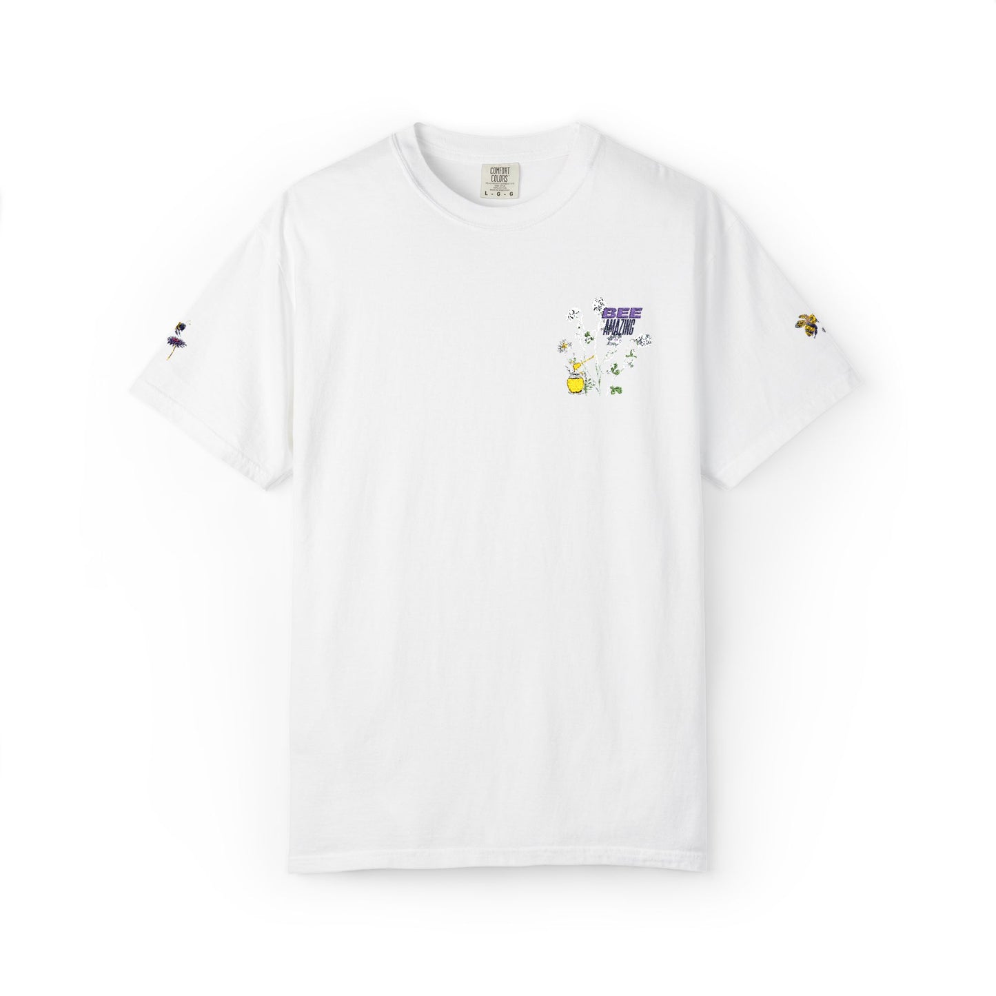 Floral Bee Pocket T-Shirt — Small Chest Bouquet with Sleeve Bee Accents