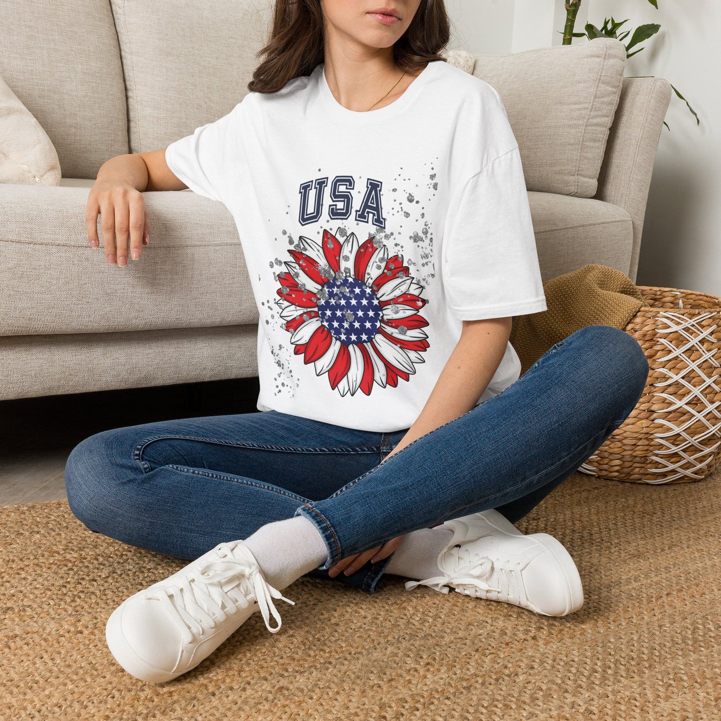 USA Sunflower T-Shirt — Patriotic Red White & Blue Floral Tee for 4th of July