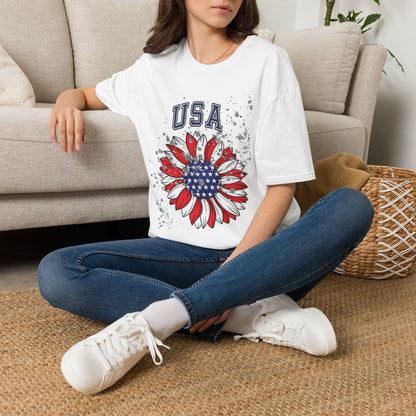 USA Sunflower T-Shirt — Patriotic Red White & Blue Floral Tee for 4th of July