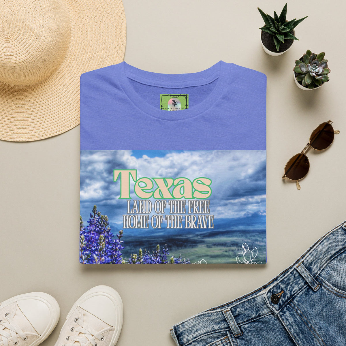 Texas Bluebonnet T-Shirt — "Texas: Land of the Free, Home of the Brave"