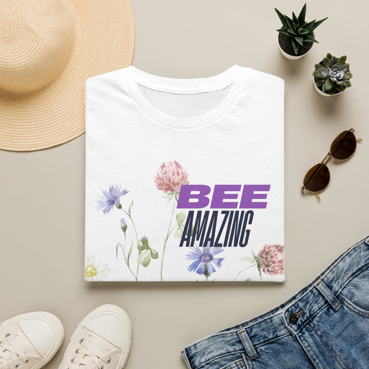 Bee Tones Floral Tee — Women's Soft T-Shirt with Bees & Flowers