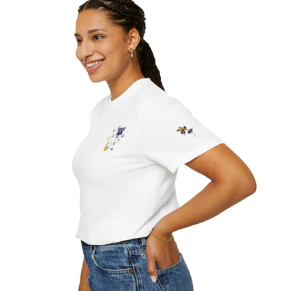Floral Bee Chest Pocket T‑Shirt — Tiny Wildflower & Bee Graphic