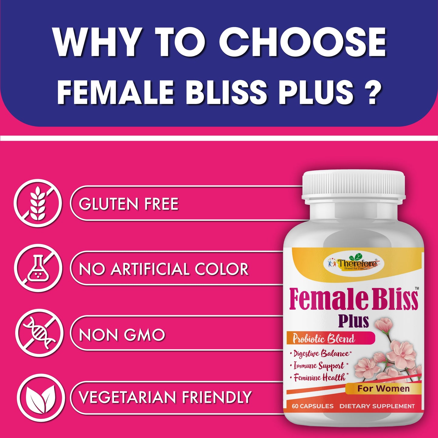 Female Bliss Women Probiotics Supplements for Vaginal Health, Ph Balance for Women 60 Vegan Capsules
