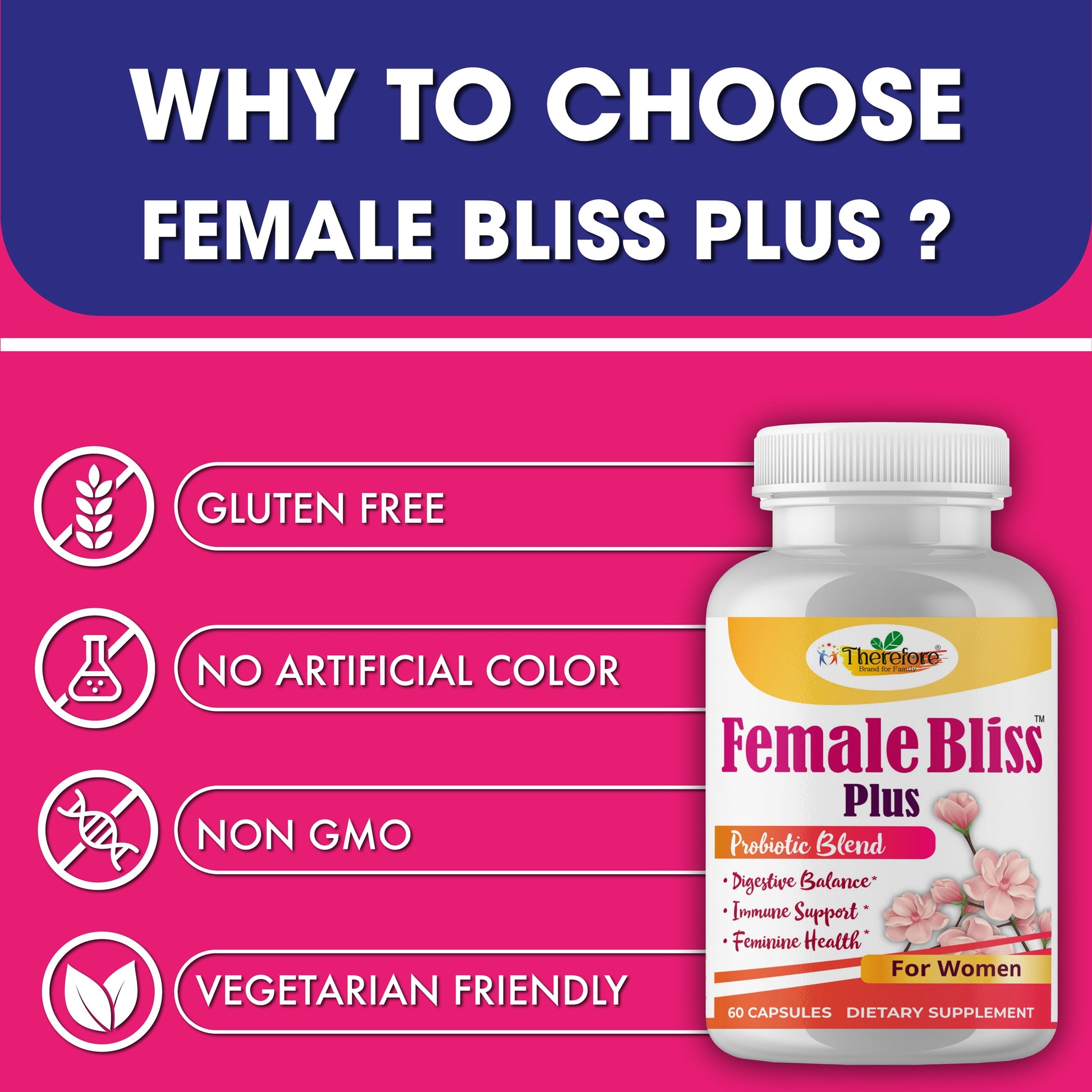Female Bliss Women Probiotics Supplements for Vaginal Health, Ph Balance for Women 60 Vegan Capsules