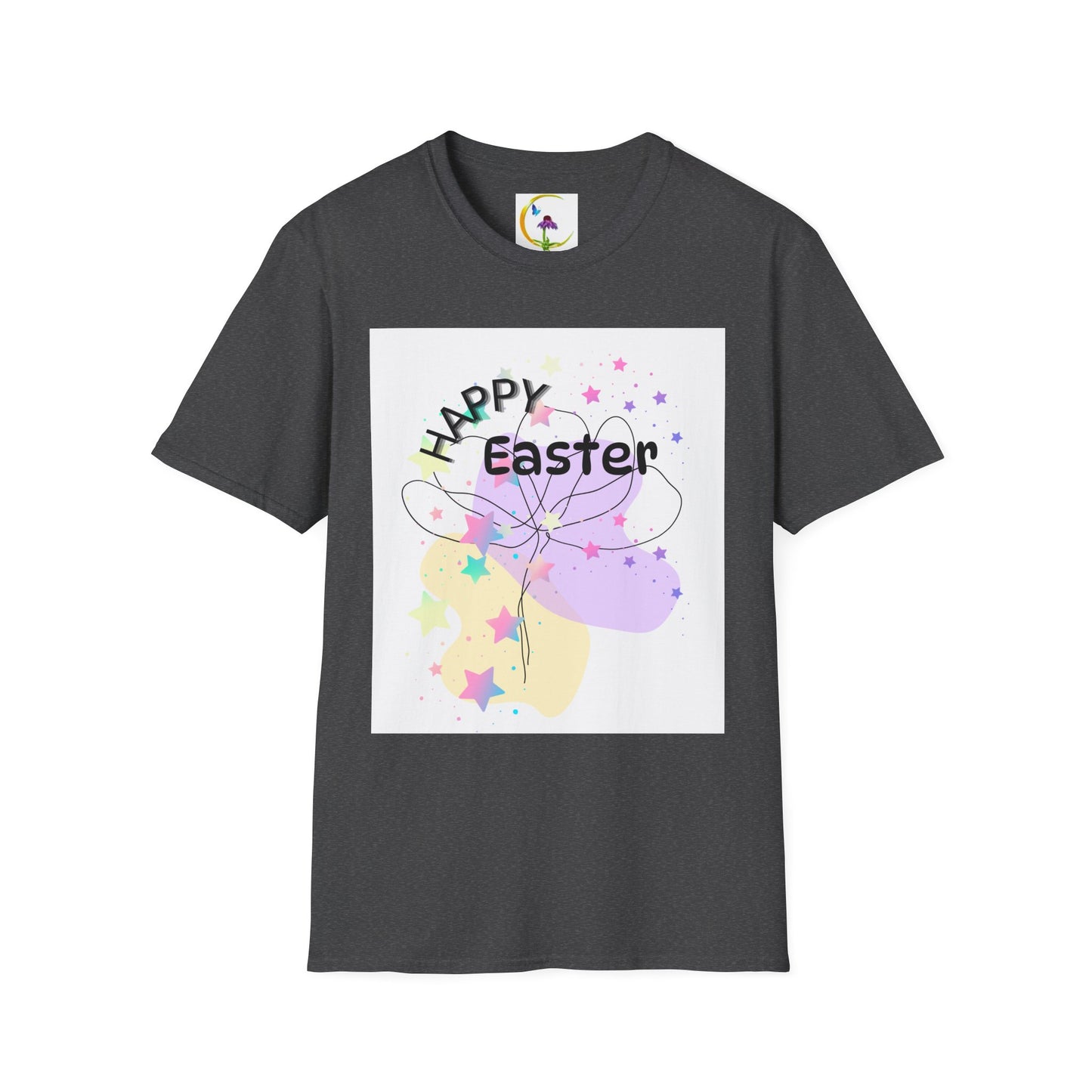 Happy Easter Unisex Softstyle T-Shirt with Floral Back Design
