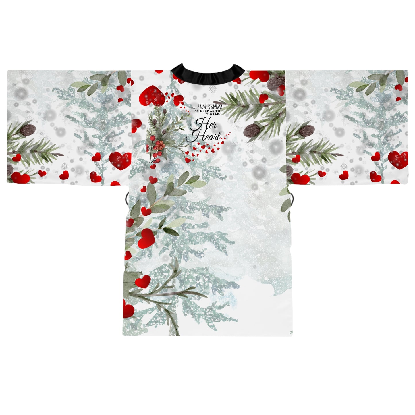 Her Heart Floral Kimono Robe —Silky Holiday Pine & Red Heart Print