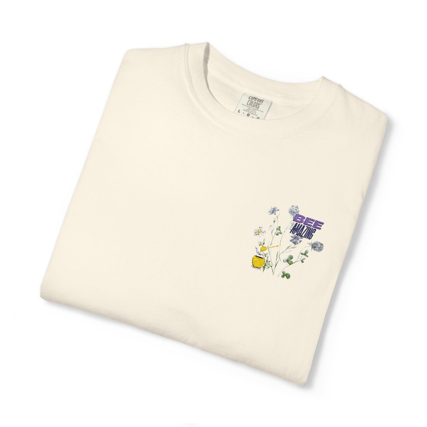 Floral Bee Pocket T-Shirt — Small Chest Bouquet with Sleeve Bee Accents