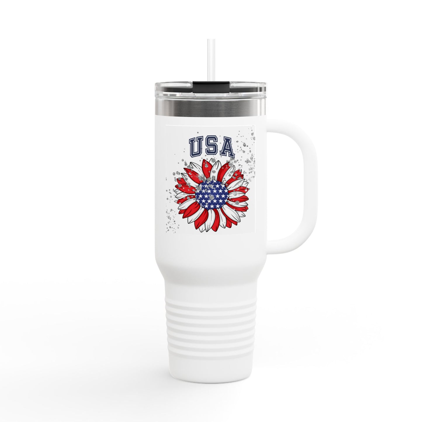 USA Floral Insulated Travel Mug for Coffee Lovers, 40oz, Patriotic Gift, Adventure Companion, Summer BBQ, Camping Must-Have