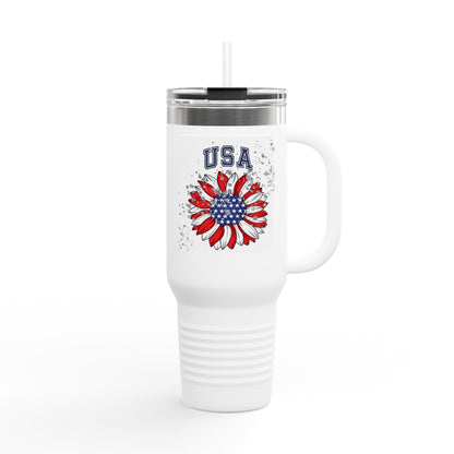 USA Floral Insulated Travel Mug for Coffee Lovers, 40oz, Patriotic Gift, Adventure Companion, Summer BBQ, Camping Must-Have