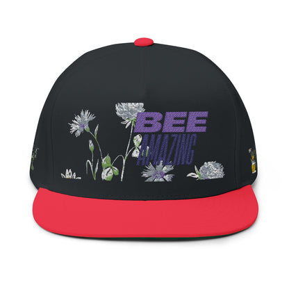 Flat Bill Cap - "Bee Amazing" Embroidered Floral Snapback