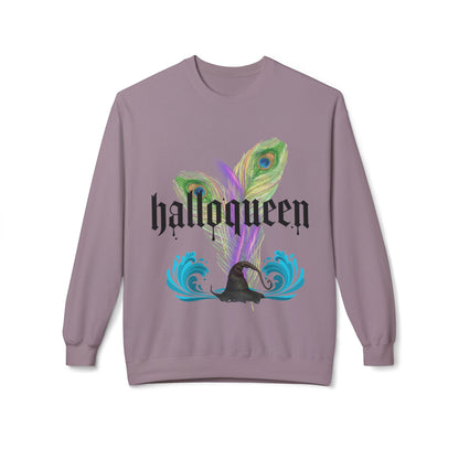 Hallowqueen Sweatshirt — Peacock Feather Witch Hat Halloween Crewneck