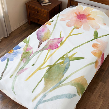 Floral Watercolor Velveteen Plush Blanket — Soft Spring Flower Throw