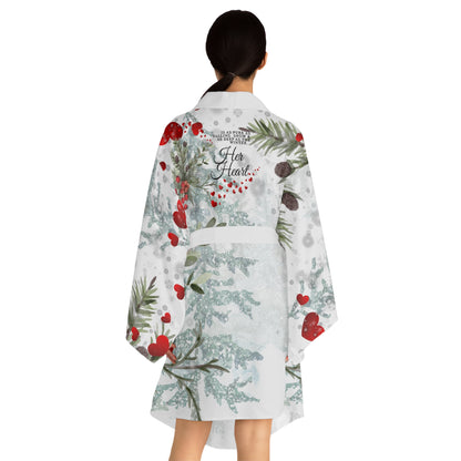 Her Heart Floral Kimono Robe —Silky Holiday Pine & Red Heart Print