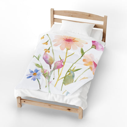 Floral Watercolor Velveteen Plush Blanket — Soft Spring Flower Throw
