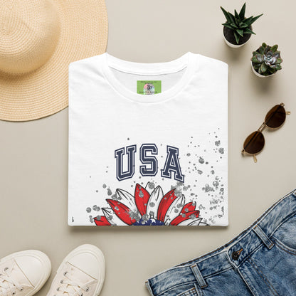 USA Sunflower T-Shirt — Patriotic Red White & Blue Floral Tee for 4th of July