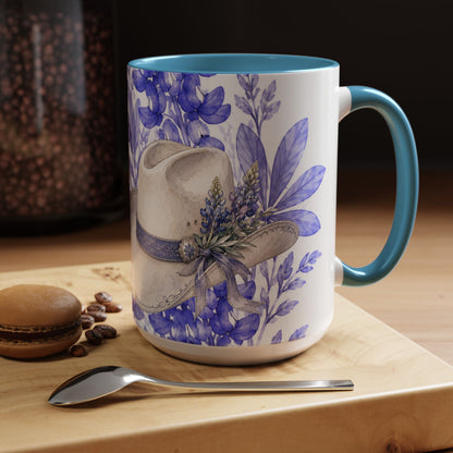 Cowboy Hat Bluebonnet Accent Coffee Mug – Texas Wildflower Floral Tea Cup (11/15oz)