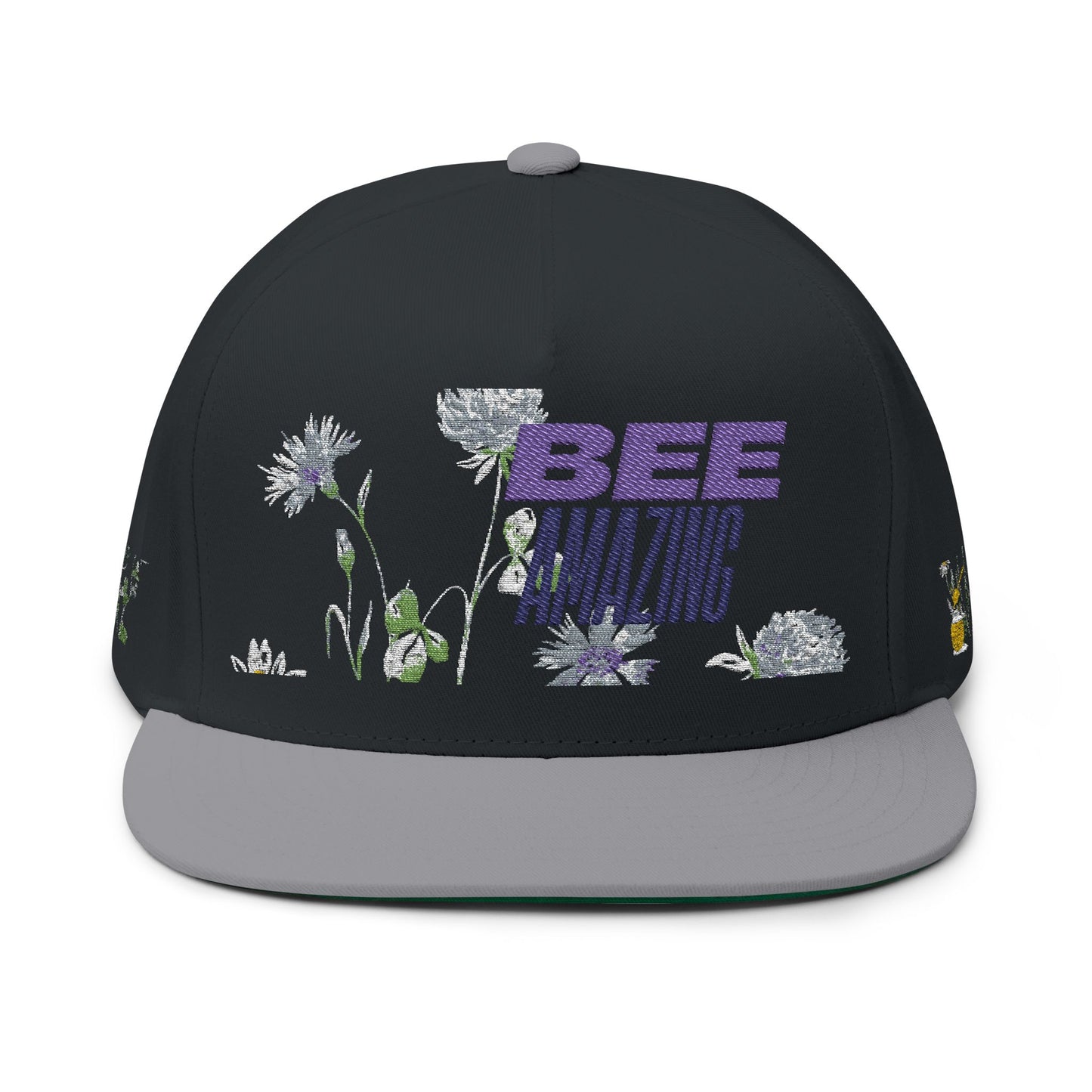 Flat Bill Cap - "Bee Amazing" Embroidered Floral Snapback